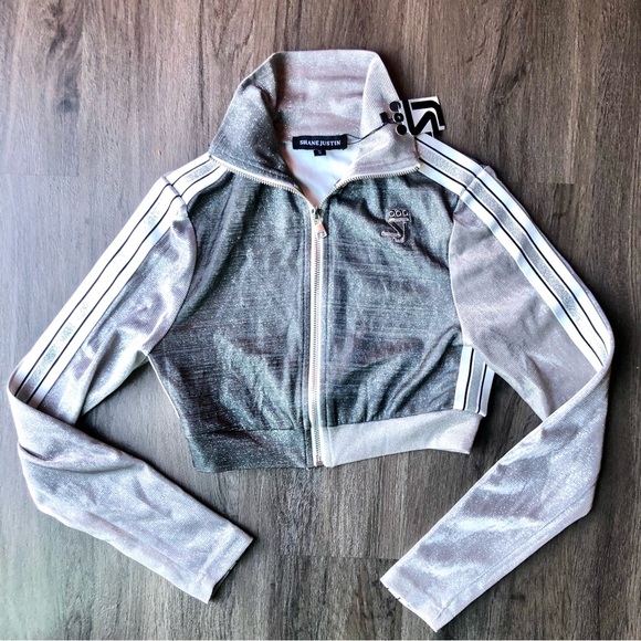 Shane Justin Silver Sparkle Cropped Track Jacket Zip Up Size Small Long Sleeve - Picture 1 of 9
